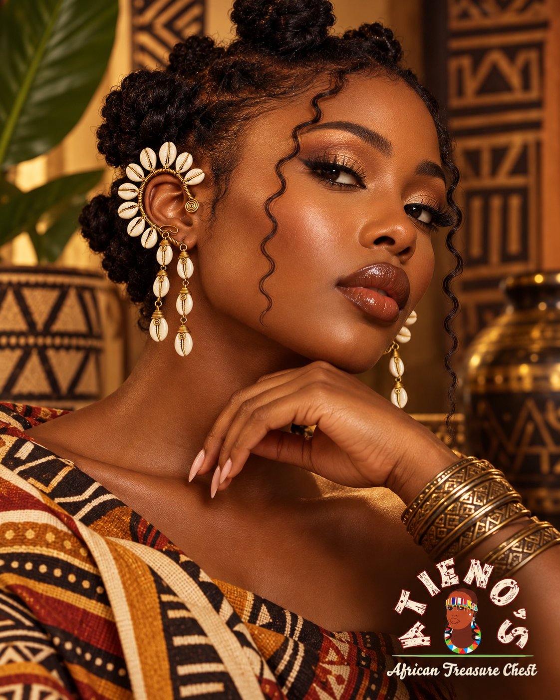 Atieno Cowrie Crown Ear Cuffs - model shot 2