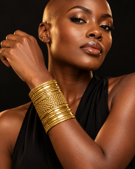 AI-styled model wearing the AATC C-0001 wide woven-pattern brass cuff.
