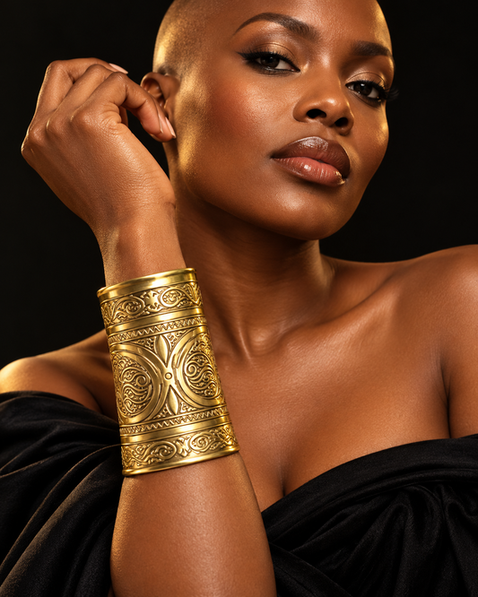 AI-styled model wearing the AATC C-0002 embossed spiral-pattern brass cuff.