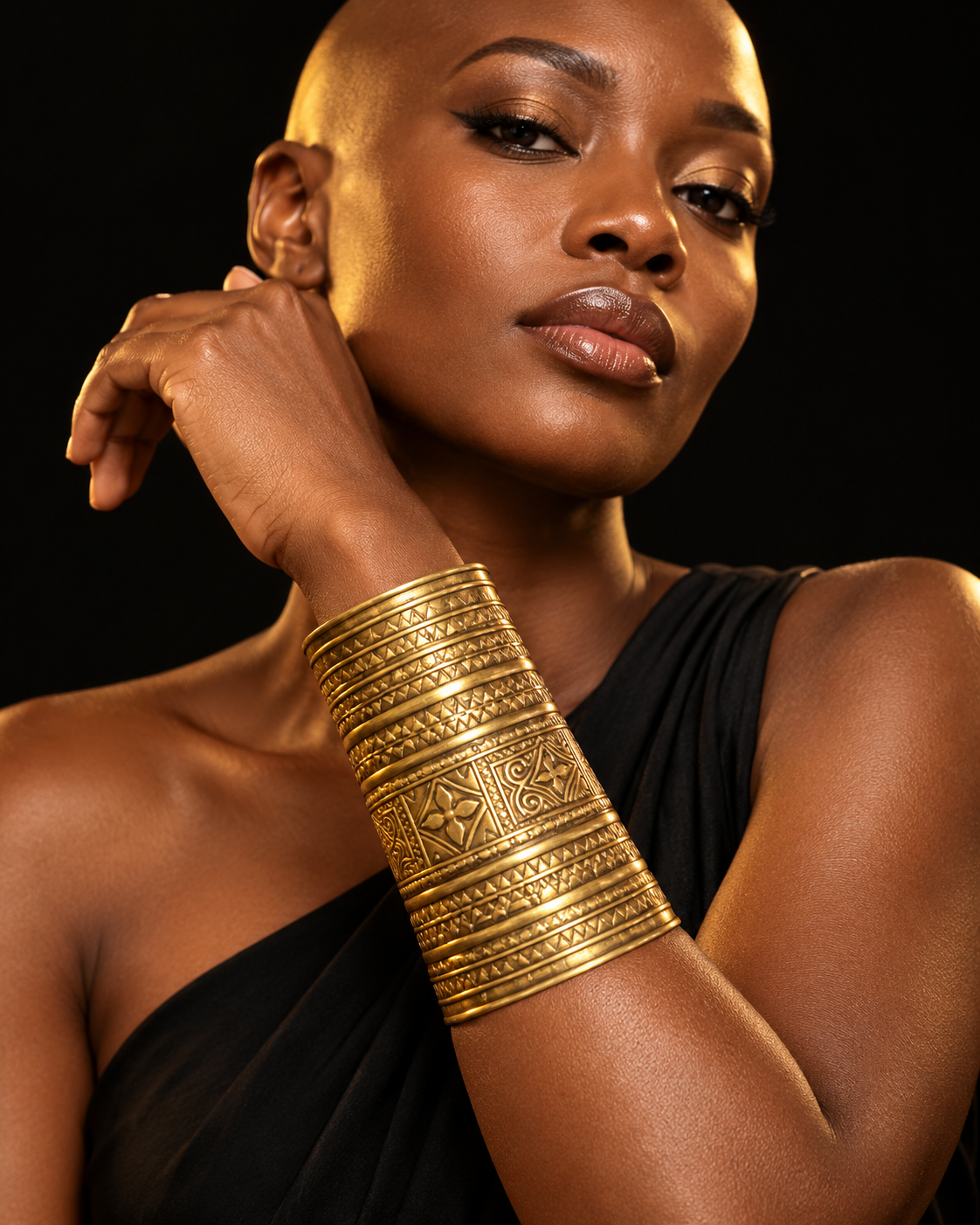 AI-styled model wearing the AATC C-0003 engraved geometric brass cuff.