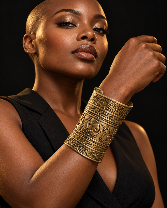 AI-styled model wearing AATC brass cuff C-0004.