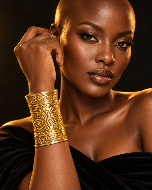 AI-styled model wearing AATC brass cuff C-0005.