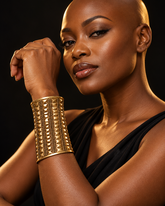 AI-styled model wearing AATC BRASS BRACELET CUFF C-0006.