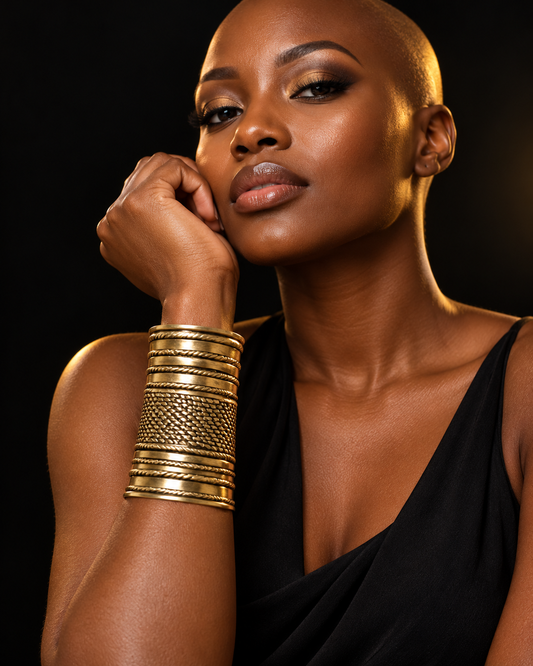 AI-styled model wearing AATC BRASS BRACELET CUFF C-0007.