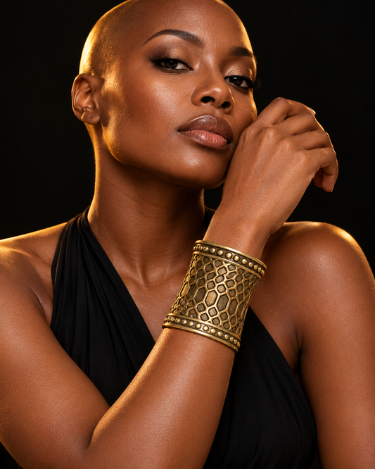 AI-styled model wearing AATC BRASS BRACELET CUFF C-0008.