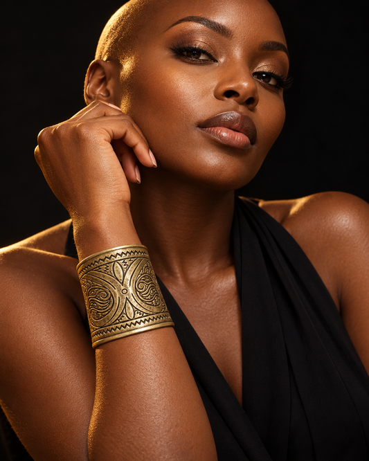 AI-styled model wearing AATC BRASS BRACELET CUFF C-0009.