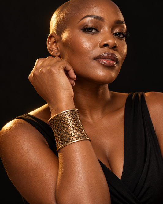 AI-styled model wearing AATC BRASS BRACELET CUFF C-0010.