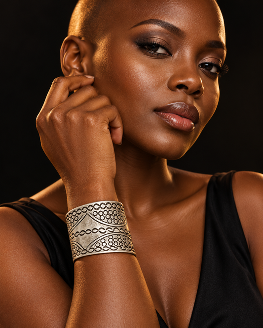 AI-styled model wearing AATC BRASS BRACELET CUFF C-0011 with its pale silver finish.