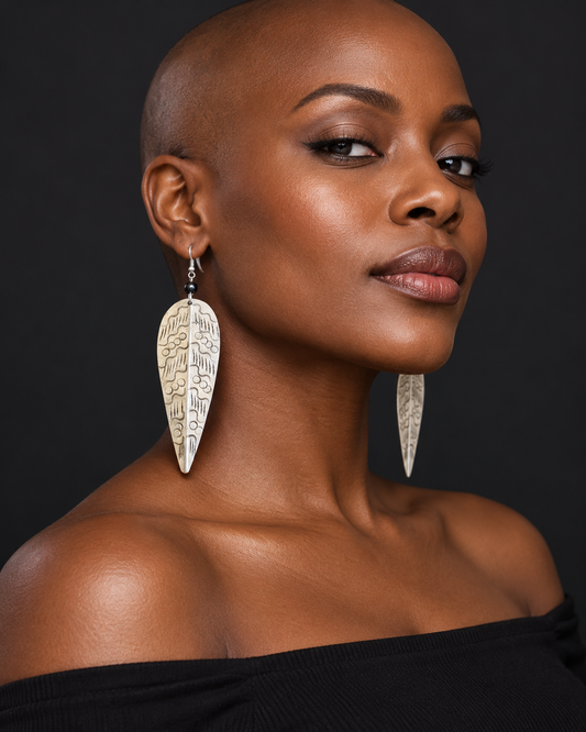 AI model styling image — AATC Aluminium Leaf Earrings