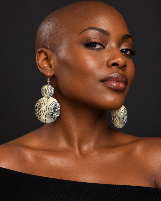 AI model styling image — AATC Aluminium Beetle Earrings | African Statement Earrings