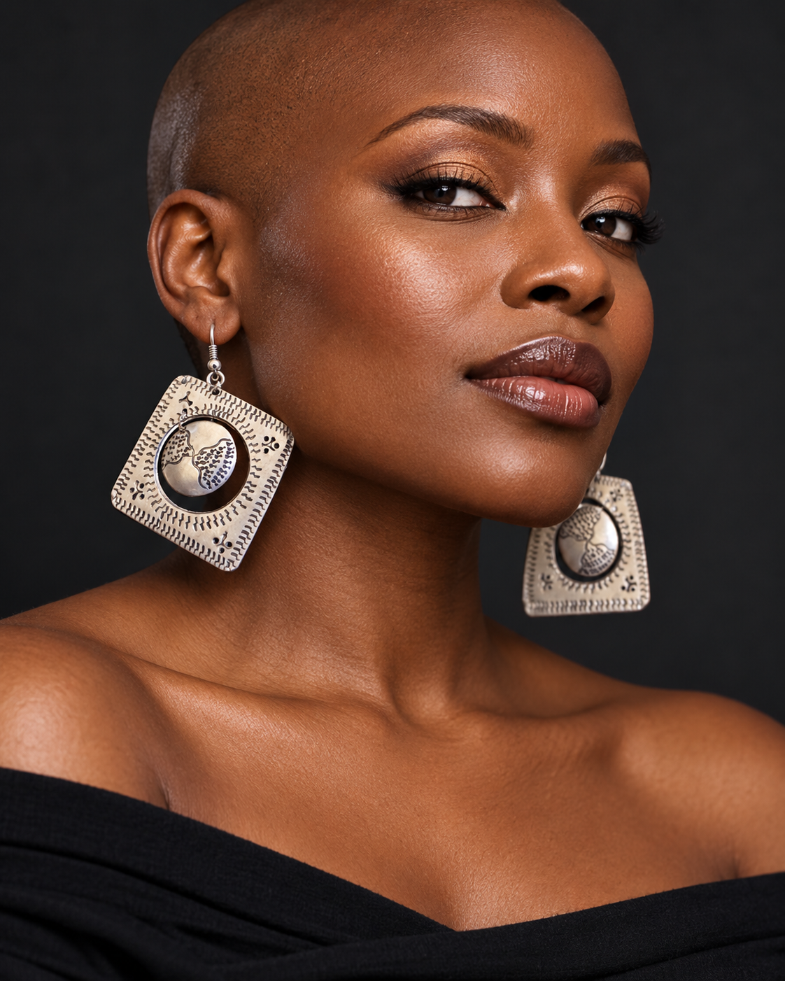 AI model styling image — AATC Aluminium Anchor Earrings – Rectangular | African Aluminium Earrings