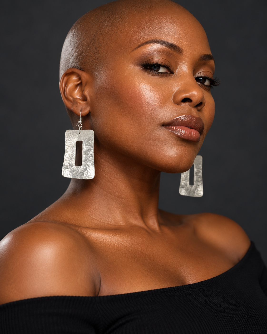 AI model styling image — AATC Aluminium Drop Earrings – Rectangular | African Statement Earrings