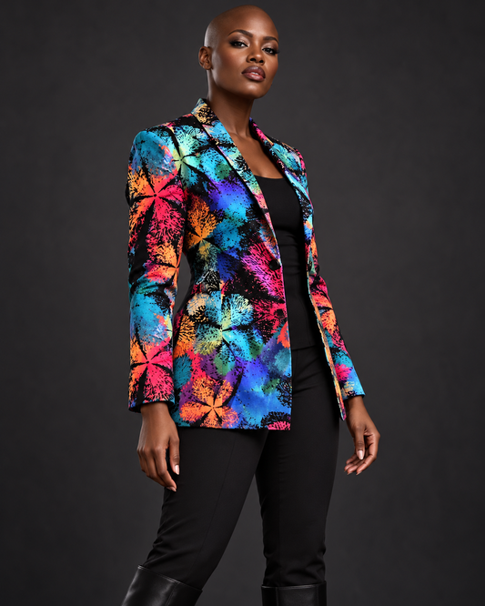AI styling visualization — AATC multicolor Ankara jacket on a bald Black woman; see original product photo for details.