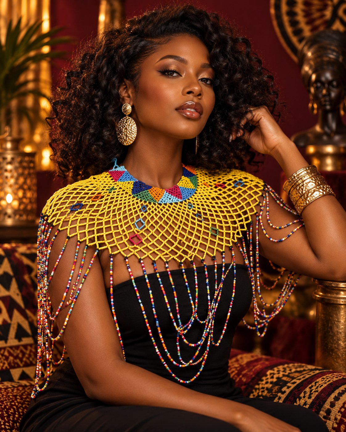 Atieno Beaded Statement Shoulder Cape — Golden Yellow - model shot 1
