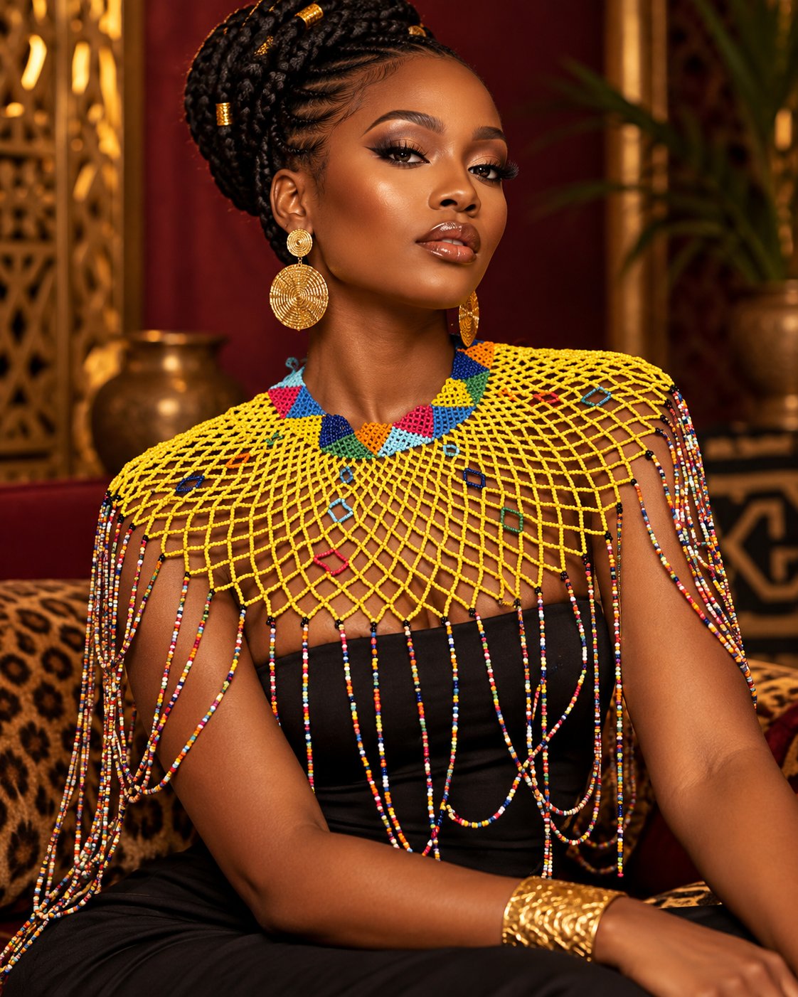 Atieno Beaded Statement Shoulder Cape — Golden Yellow - model shot 2