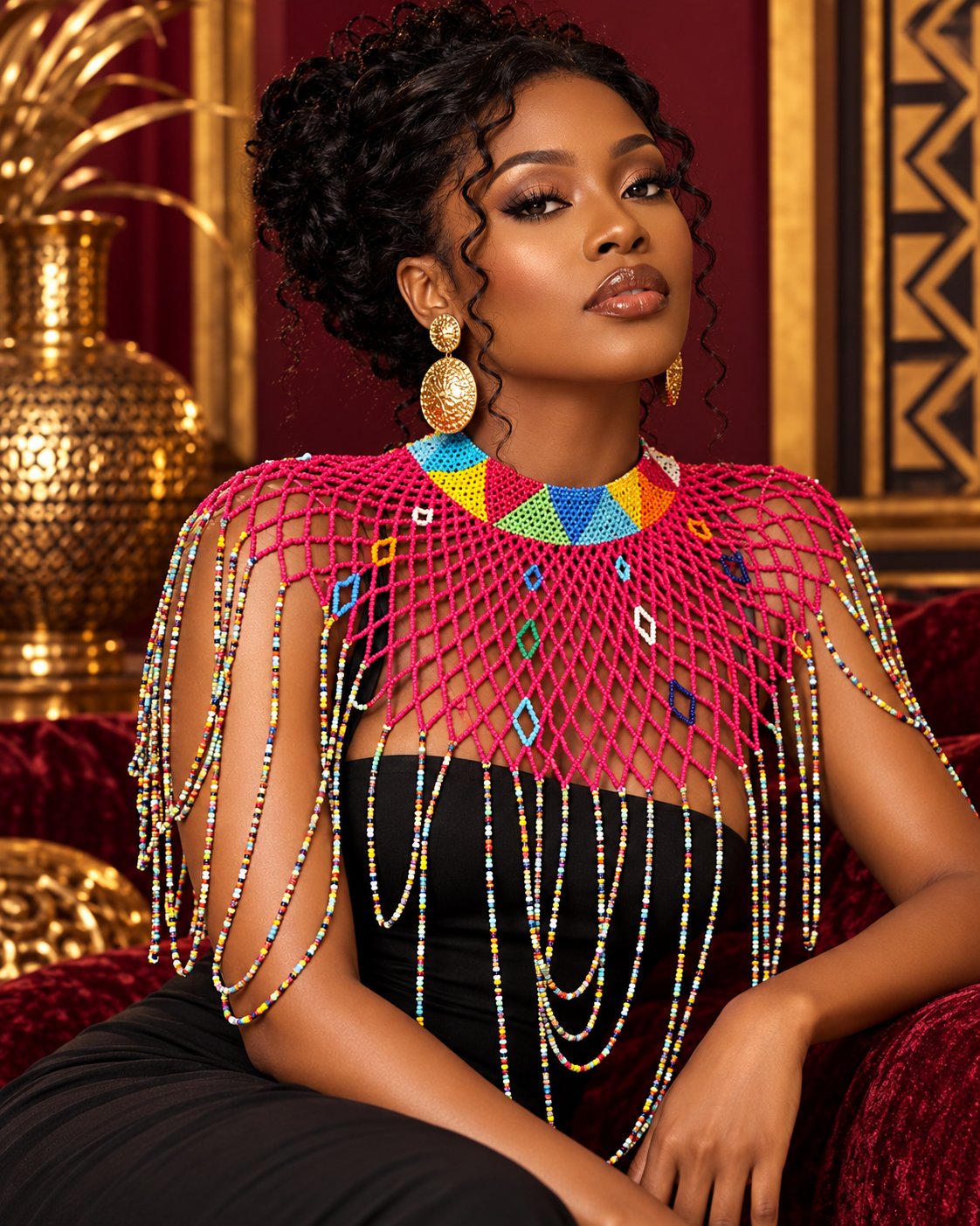Atieno Beaded Statement Shoulder Cape — Hot Pink - model shot 1