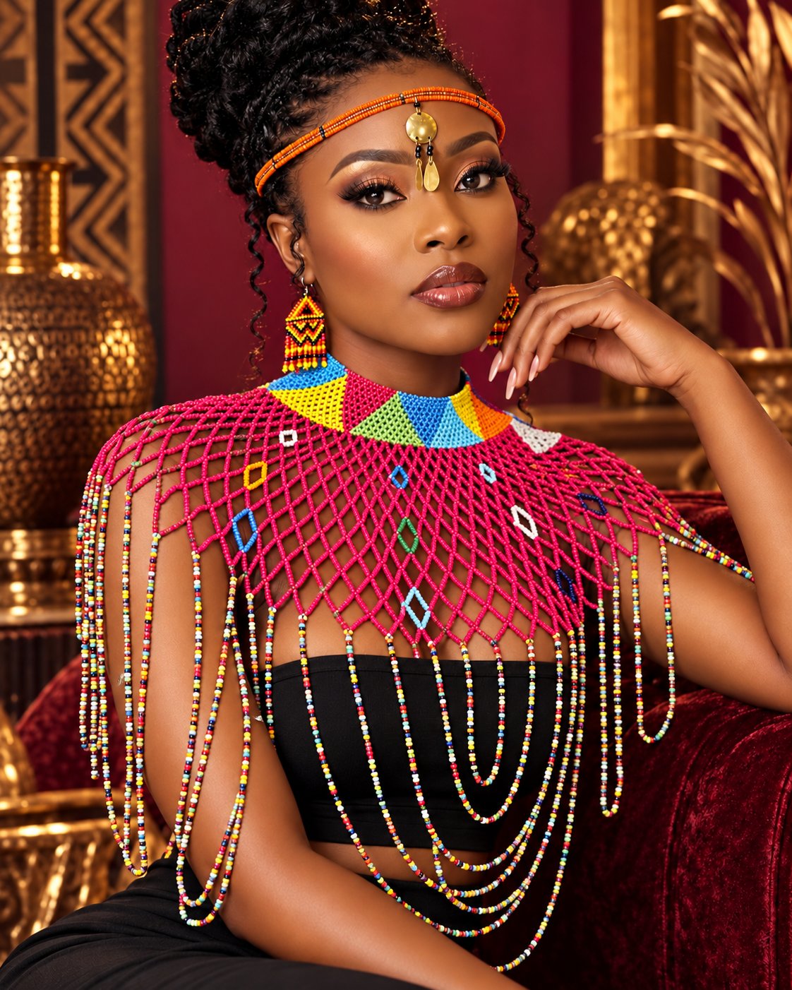 Atieno Beaded Statement Shoulder Cape — Hot Pink - model shot 2
