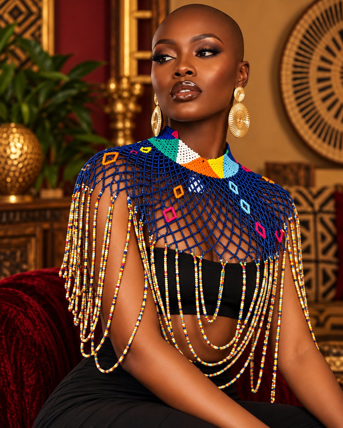 Atieno Beaded Statement Shoulder Cape — Royal Blue - model shot 1