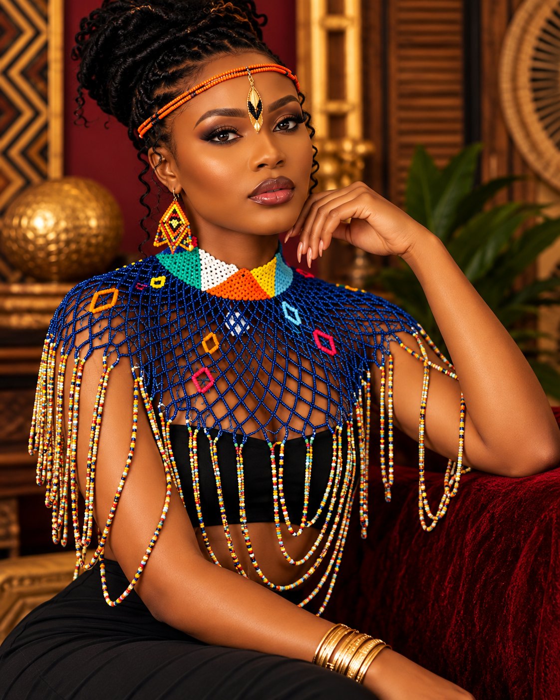 Atieno Beaded Statement Shoulder Cape — Royal Blue - model shot 2