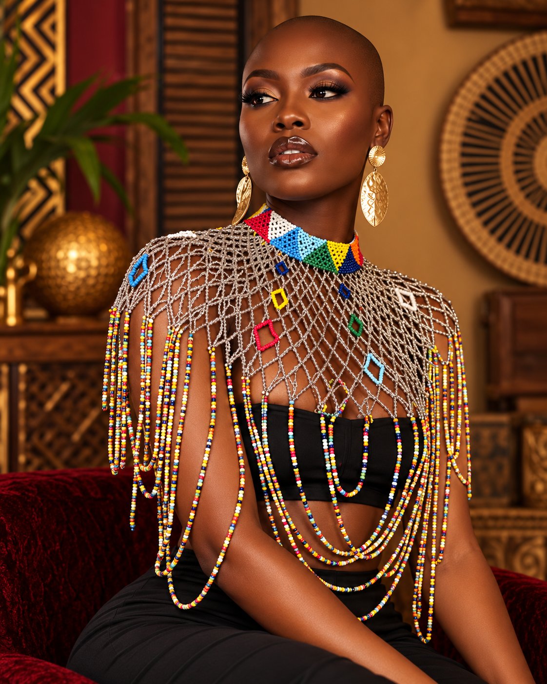 Atieno Beaded Statement Shoulder Cape — Silver - model shot 2
