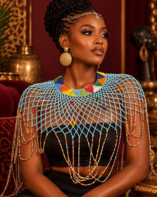 Atieno Beaded Statement Shoulder Cape — Sky Blue - model shot 1