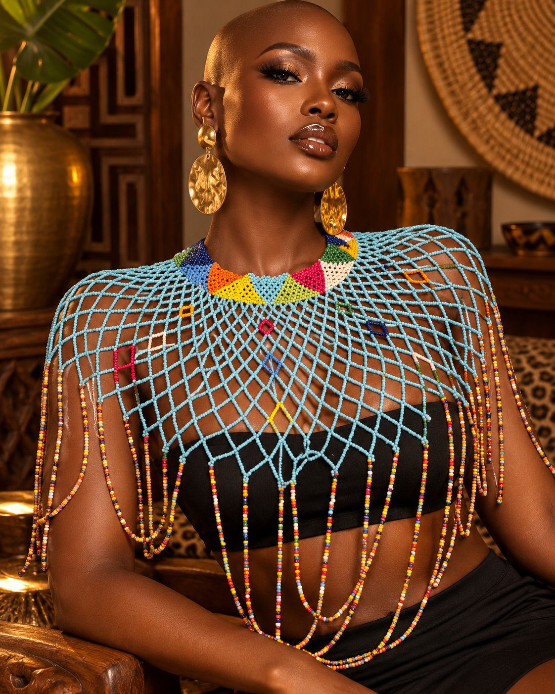 Atieno Beaded Statement Shoulder Cape — Sky Blue - model shot 2