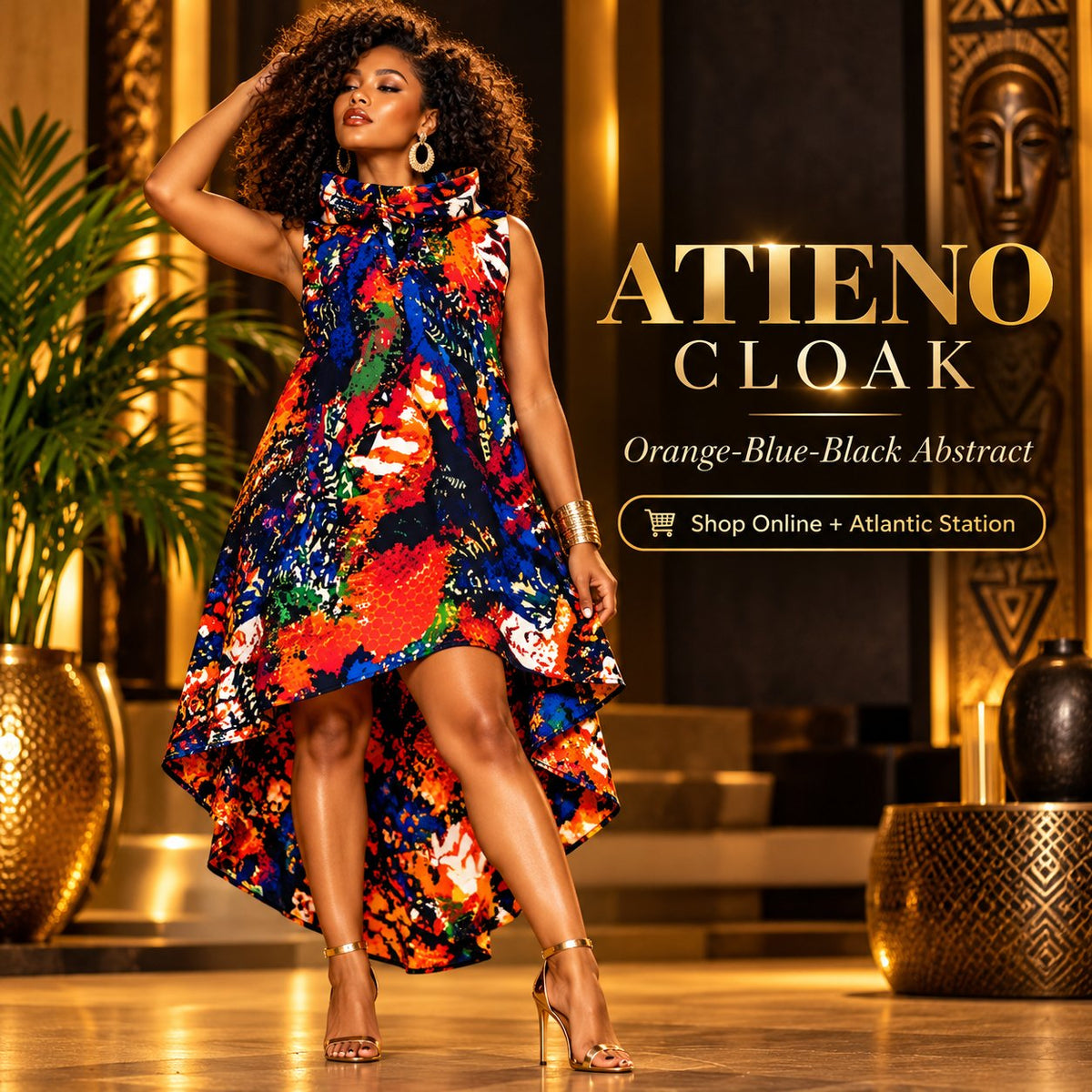 ATIENO CLOAK – Orange-Blue-Black Abstract