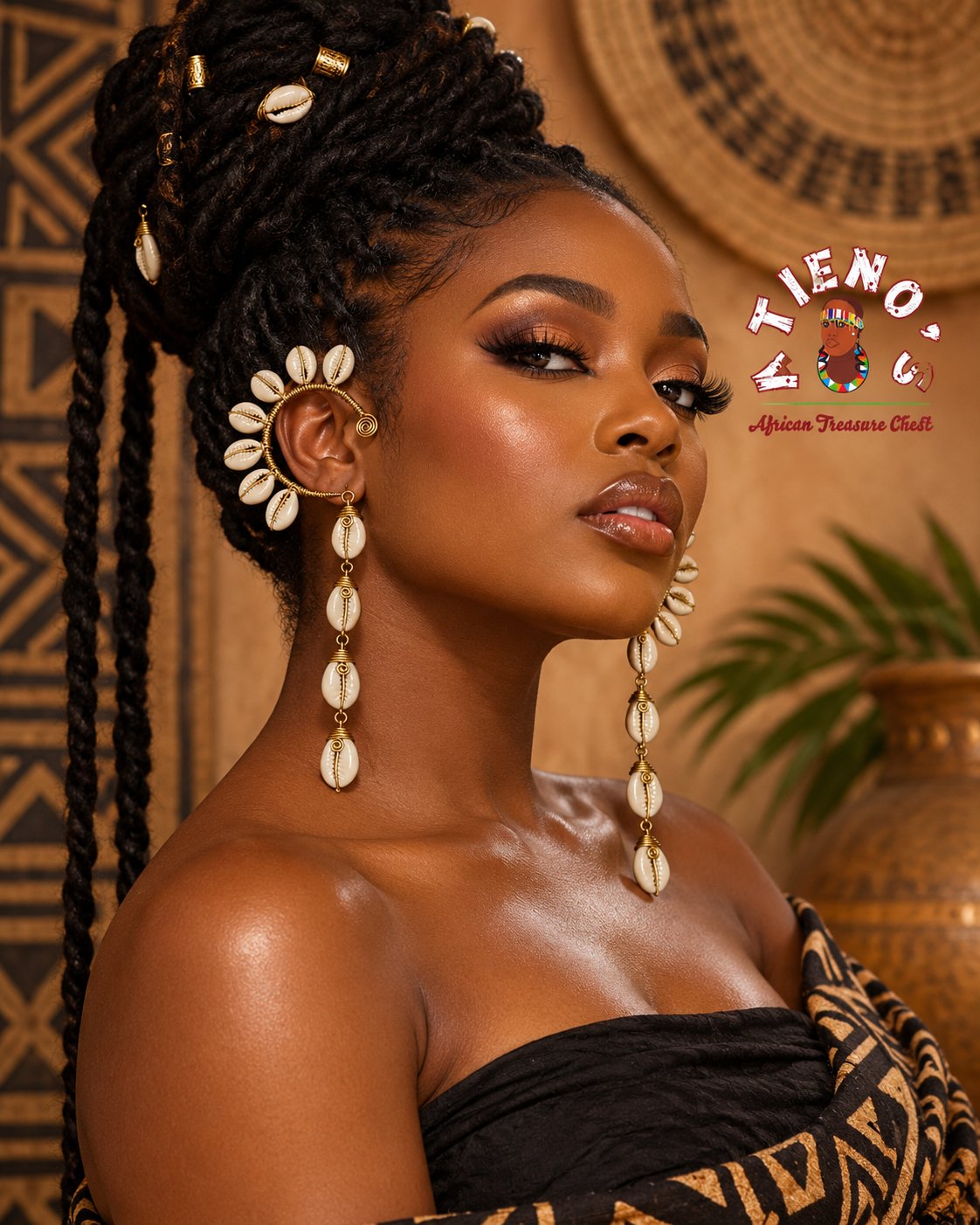 Atieno Cowrie Crown Ear Cuffs - model shot 1