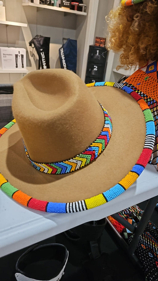 AATC HANDMADE BEADED KHAKI FEDORA HAT