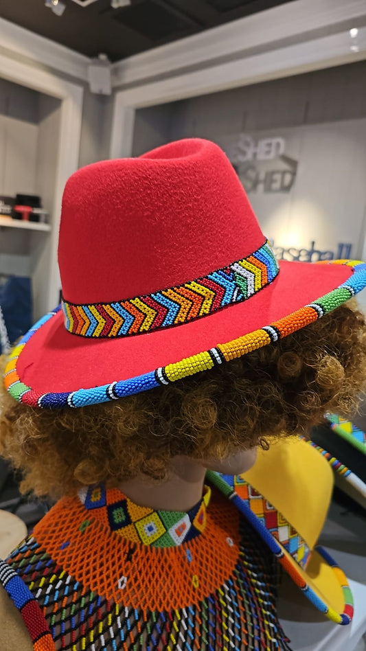 AATC HANDMADE BEADED RED FEDORA HAT