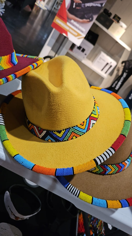AATC HANDMADE YELLOW BEADED FEDORA HAT